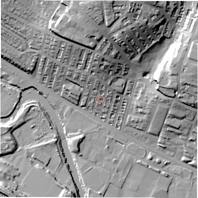 Shaded relief map of the ground around LS42JZ, computed from Environment Agency LiDAR. The ground here sits at about 40 m above sea level and falls 44 m across the surrounding 800 m. Surface water reaching this point runs off ground lying to the north, 20.3 m higher.