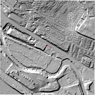 Shaded relief map of the ground around LS42QB, computed from Environment Agency LiDAR. The ground here sits at about 34 m above sea level and falls 50 m across the surrounding 800 m. Surface water reaching this point runs off ground lying to the west-north-west, 9.2 m higher.