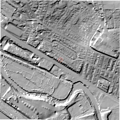 Shaded relief map of the ground around LS42QD, computed from Environment Agency LiDAR. The ground here sits at about 41 m above sea level and falls 51 m across the surrounding 800 m. Surface water reaching this point runs off ground lying to the north-north-west, 38.9 m higher.