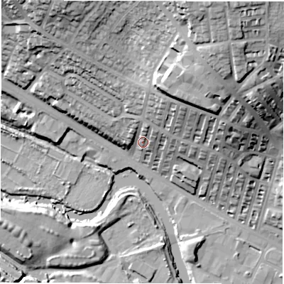 Shaded relief map of the ground around LS42QT, computed from Environment Agency LiDAR. The ground here sits at about 42 m above sea level and falls 49 m across the surrounding 800 m. Surface water reaching this point runs off ground lying to the north-east, 29.5 m higher.