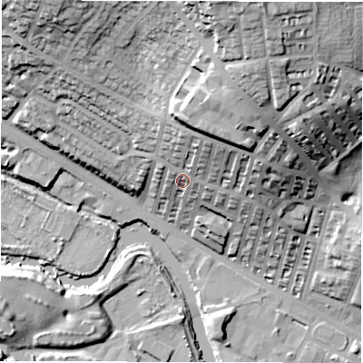 Shaded relief map of the ground around LS42QU, computed from Environment Agency LiDAR. The ground here sits at about 46 m above sea level and falls 50 m across the surrounding 800 m. Surface water reaching this point runs off ground lying to the north-north-east, 20.9 m higher.