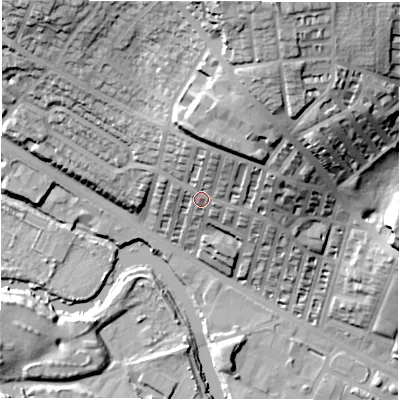 Shaded relief map of the ground around LS42QX, computed from Environment Agency LiDAR. The ground here sits at about 47 m above sea level and falls 50 m across the surrounding 800 m. Surface water reaching this point runs off ground lying to the north-north-east, 23.9 m higher.