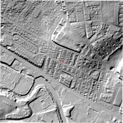 Shaded relief map of the ground around LS42QY, computed from Environment Agency LiDAR. The ground here sits at about 48 m above sea level and falls 50 m across the surrounding 800 m. Surface water reaching this point runs off ground lying to the north-north-east, 21.5 m higher.