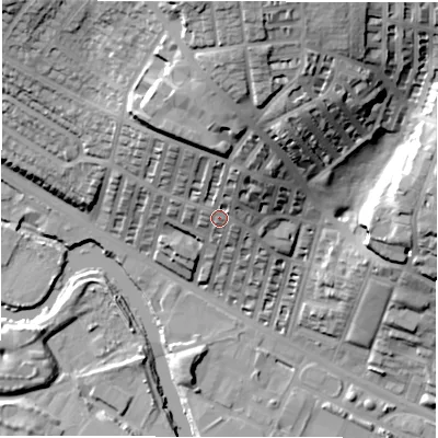 Shaded relief map of the ground around LS42RD, computed from Environment Agency LiDAR. The ground here sits at about 48 m above sea level and falls 48 m across the surrounding 800 m. Surface water reaching this point runs off ground lying to the north, 23.1 m higher.