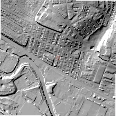 Shaded relief map of the ground around LS42RE, computed from Environment Agency LiDAR. The ground here sits at about 41 m above sea level and falls 45 m across the surrounding 800 m. Surface water reaching this point runs off ground lying to the north, 29.1 m higher.