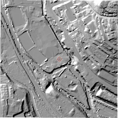 Shaded relief map of the ground around LS53AE, computed from Environment Agency LiDAR. The ground here sits at about 35 m above sea level and falls 59 m across the surrounding 800 m. Surface water reaching this point runs off ground lying to the south-east, 2.1 m higher.