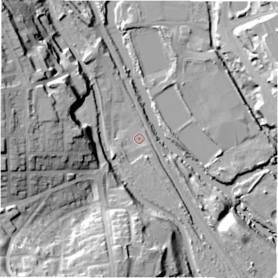 Shaded relief map of the ground around LS53AP, computed from Environment Agency LiDAR. The ground here sits at about 36 m above sea level and falls 33 m across the surrounding 800 m. Surface water reaching this point runs off ground lying to the south-west, 2.9 m higher.