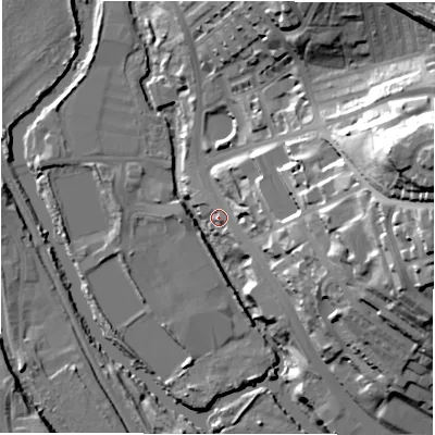Shaded relief map of the ground around LS53AQ, computed from Environment Agency LiDAR. The ground here sits at about 39 m above sea level and falls 57 m across the surrounding 800 m. Surface water reaching this point runs off ground lying to the east, 33.8 m higher.