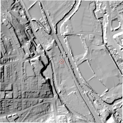 Shaded relief map of the ground around LS53AR, computed from Environment Agency LiDAR. The ground here sits at about 36 m above sea level and falls 40 m across the surrounding 800 m. Surface water reaching this point runs off ground lying to the west, 35.4 m higher.