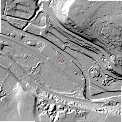 Shaded relief map of the ground around LS53BF, computed from Environment Agency LiDAR. The ground here sits at about 41 m above sea level and falls 58 m across the surrounding 800 m. Surface water reaching this point runs off ground lying to the west-south-west, 0.7 m higher.