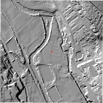 Shaded relief map of the ground around LS53BL, computed from Environment Agency LiDAR. The ground here sits at about 35 m above sea level and falls 44 m across the surrounding 800 m. Surface water reaching this point runs off ground lying to the north, 2.4 m higher.