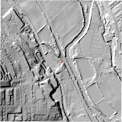 Shaded relief map of the ground around LS53BP, computed from Environment Agency LiDAR. The ground here sits at about 36 m above sea level and falls 48 m across the surrounding 800 m. Surface water reaching this point runs off ground lying to the west-south-west, 45.9 m higher.