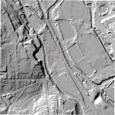 Shaded relief map of the ground around LS53BT, computed from Environment Agency LiDAR. The ground here sits at about 36 m above sea level and falls 34 m across the surrounding 800 m. Surface water reaching this point runs off ground lying to the west, 29.5 m higher.