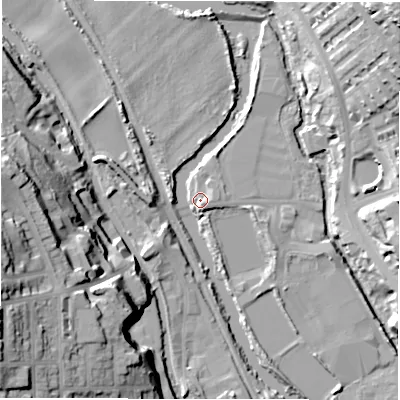 Shaded relief map of the ground around LS53BW, computed from Environment Agency LiDAR. The ground here sits at about 36 m above sea level and falls 37 m across the surrounding 800 m. Surface water reaching this point runs off ground lying to the south-south-east, 2.8 m higher.