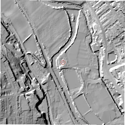 Shaded relief map of the ground around LS53BY, computed from Environment Agency LiDAR. The ground here sits at about 36 m above sea level and falls 39 m across the surrounding 800 m. Surface water reaching this point runs off ground lying to the south-south-west, 2.9 m higher.