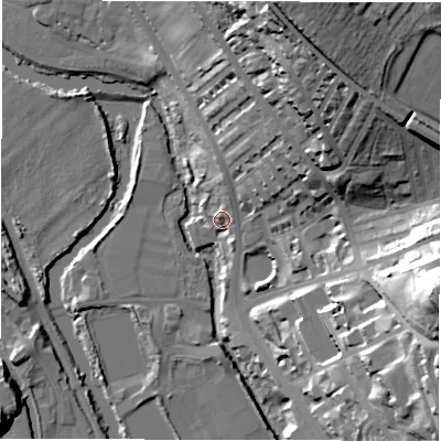 Shaded relief map of the ground around LS53HP, computed from Environment Agency LiDAR. The ground here sits at about 40 m above sea level and falls 55 m across the surrounding 800 m. Surface water reaching this point runs off ground lying to the north-east, 5.9 m higher.