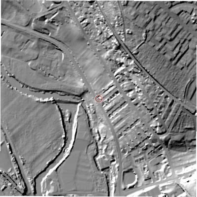 Shaded relief map of the ground around LS53JG, computed from Environment Agency LiDAR. The ground here sits at about 45 m above sea level and falls 57 m across the surrounding 800 m. Surface water reaching this point runs off ground lying to the north-east, 31.2 m higher.
