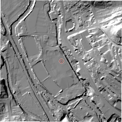 Shaded relief map of the ground around LS53RP, computed from Environment Agency LiDAR. The ground here sits at about 35 m above sea level and falls 57 m across the surrounding 800 m. The ground contributing surface water to this point lies to the north-north-west.