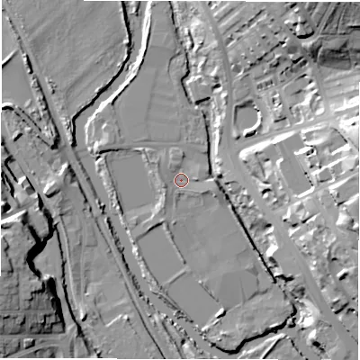 Shaded relief map of the ground around LS53RS, computed from Environment Agency LiDAR. The ground here sits at about 35 m above sea level and falls 37 m across the surrounding 800 m. Surface water reaching this point runs off ground lying to the west-south-west, 2.1 m higher.