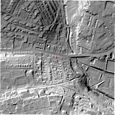 Shaded relief map of the ground around LS62BE, computed from Environment Agency LiDAR. The ground here sits at about 59 m above sea level and falls 56 m across the surrounding 800 m. Surface water reaching this point runs off ground lying to the south, 41.5 m higher.