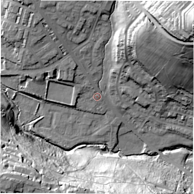 Shaded relief map of the ground around LS62BH, computed from Environment Agency LiDAR. The ground here sits at about 53 m above sea level and falls 66 m across the surrounding 800 m. Surface water reaching this point runs off ground lying to the north-north-east, 25.0 m higher.
