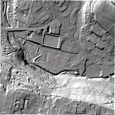 Shaded relief map of the ground around LS62SA, computed from Environment Agency LiDAR. The ground here sits at about 50 m above sea level and falls 61 m across the surrounding 800 m. Surface water reaching this point runs off ground lying to the north, 5.7 m higher.