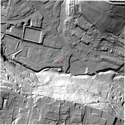 Shaded relief map of the ground around LS62SB, computed from Environment Agency LiDAR. The ground here sits at about 49 m above sea level and falls 62 m across the surrounding 800 m. Surface water reaching this point runs off ground lying to the north, 2.6 m higher.