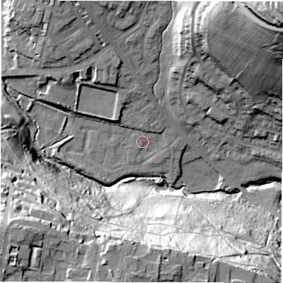 Shaded relief map of the ground around LS62SD, computed from Environment Agency LiDAR. The ground here sits at about 50 m above sea level and falls 62 m across the surrounding 800 m. Surface water reaching this point runs off ground lying to the north, 2.6 m higher.