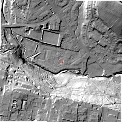 Shaded relief map of the ground around LS62SE, computed from Environment Agency LiDAR. The ground here sits at about 49 m above sea level and falls 62 m across the surrounding 800 m. Surface water reaching this point runs off ground lying to the north, 10.4 m higher.