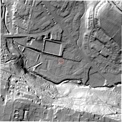 Shaded relief map of the ground around LS62SL, computed from Environment Agency LiDAR. The ground here sits at about 50 m above sea level and falls 61 m across the surrounding 800 m. Surface water reaching this point runs off ground lying to the north, 9.4 m higher.