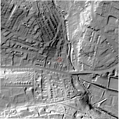 Shaded relief map of the ground around LS64EH, computed from Environment Agency LiDAR. The ground here sits at about 57 m above sea level and falls 51 m across the surrounding 800 m. Surface water reaching this point runs off ground lying to the north-west, 24.7 m higher.