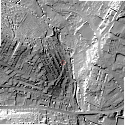 Shaded relief map of the ground around LS64EP, computed from Environment Agency LiDAR. The ground here sits at about 58 m above sea level and falls 41 m across the surrounding 800 m. Surface water reaching this point runs off ground lying to the west, 23.4 m higher.