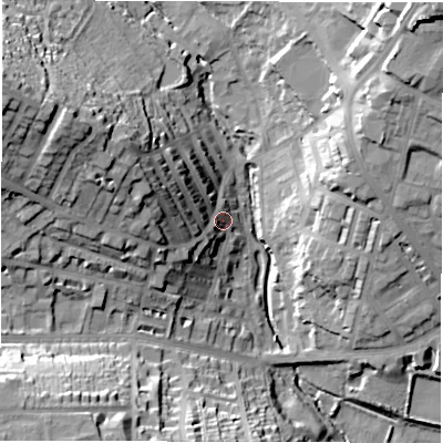 Shaded relief map of the ground around LS64ER, computed from Environment Agency LiDAR. The ground here sits at about 59 m above sea level and falls 42 m across the surrounding 800 m. Surface water reaching this point runs off ground lying to the west-north-west, 23.3 m higher.