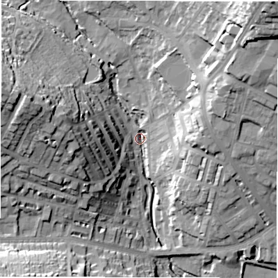 Shaded relief map of the ground around LS64HE, computed from Environment Agency LiDAR. The ground here sits at about 54 m above sea level and falls 41 m across the surrounding 800 m. Surface water reaching this point runs off ground lying to the north-east, 36.8 m higher.