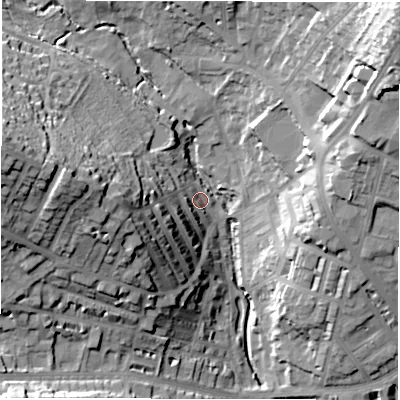Shaded relief map of the ground around LS64HF, computed from Environment Agency LiDAR. The ground here sits at about 56 m above sea level and falls 40 m across the surrounding 800 m. Surface water reaching this point runs off ground lying to the west-south-west, 17.3 m higher.