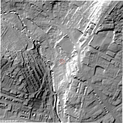 Shaded relief map of the ground around LS64HH, computed from Environment Agency LiDAR. The ground here sits at about 57 m above sea level and falls 44 m across the surrounding 800 m. Surface water reaching this point runs off ground lying to the east, 14.1 m higher.