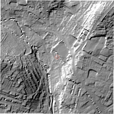 Shaded relief map of the ground around LS64HJ, computed from Environment Agency LiDAR. The ground here sits at about 59 m above sea level and falls 45 m across the surrounding 800 m. Surface water reaching this point runs off ground lying to the north-east, 31.5 m higher.
