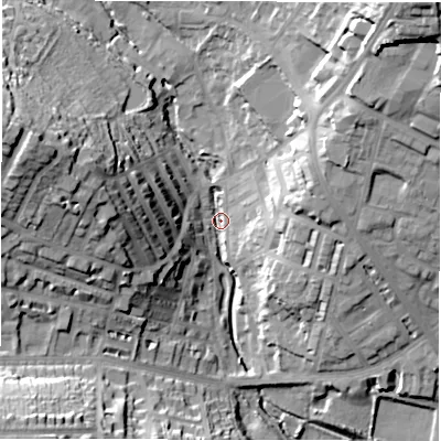 Shaded relief map of the ground around LS64HW, computed from Environment Agency LiDAR. The ground here sits at about 53 m above sea level and falls 39 m across the surrounding 800 m. Surface water reaching this point runs off ground lying to the north-east, 35.8 m higher.