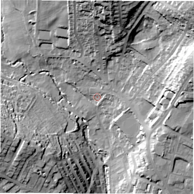 Shaded relief map of the ground around LS64JY, computed from Environment Agency LiDAR. The ground here sits at about 58 m above sea level and falls 47 m across the surrounding 800 m. Surface water reaching this point runs off ground lying to the north-east, 44.5 m higher.