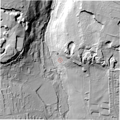 Shaded relief map of the ground around LS64QH, computed from Environment Agency LiDAR. The ground here sits at about 68 m above sea level and falls 61 m across the surrounding 800 m. Surface water reaching this point runs off ground lying to the north-east, 36.1 m higher.