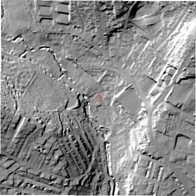 Shaded relief map of the ground around LS64RA, computed from Environment Agency LiDAR. The ground here sits at about 56 m above sea level and falls 42 m across the surrounding 800 m. Surface water reaching this point runs off ground lying to the north-east, 38.2 m higher.