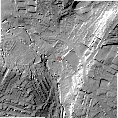 Shaded relief map of the ground around LS64RB, computed from Environment Agency LiDAR. The ground here sits at about 56 m above sea level and falls 43 m across the surrounding 800 m. Surface water reaching this point runs off ground lying to the north-east, 38.7 m higher.