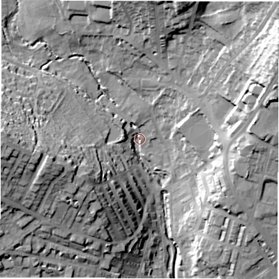 Shaded relief map of the ground around LS64RD, computed from Environment Agency LiDAR. The ground here sits at about 55 m above sea level and falls 40 m across the surrounding 800 m. Surface water reaching this point runs off ground lying to the west-south-west, 28.6 m higher.
