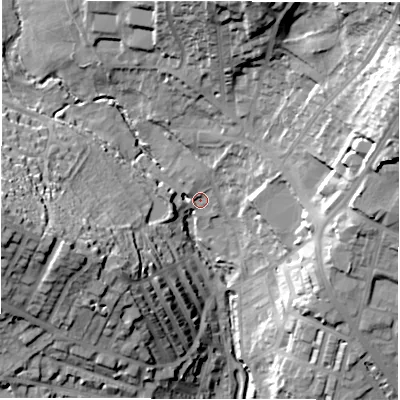 Shaded relief map of the ground around LS64RE, computed from Environment Agency LiDAR. The ground here sits at about 56 m above sea level and falls 40 m across the surrounding 800 m. Surface water reaching this point runs off ground lying to the west-north-west, 6.8 m higher.