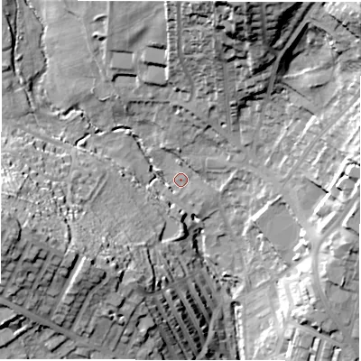 Shaded relief map of the ground around LS64RF, computed from Environment Agency LiDAR. The ground here sits at about 57 m above sea level and falls 44 m across the surrounding 800 m. Surface water reaching this point runs off ground lying to the south-west, 5.9 m higher.