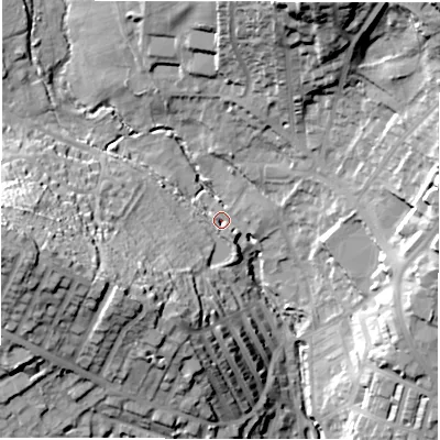 Shaded relief map of the ground around LS64RG, computed from Environment Agency LiDAR. The ground here sits at about 58 m above sea level and falls 43 m across the surrounding 800 m. Surface water reaching this point runs off ground lying to the south-west, 25.8 m higher.