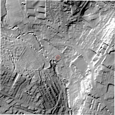 Shaded relief map of the ground around LS64RQ, computed from Environment Agency LiDAR. The ground here sits at about 57 m above sea level and falls 43 m across the surrounding 800 m. Surface water reaching this point runs off ground lying to the west, 36.0 m higher.