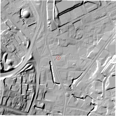 Shaded relief map of the ground around LS71AD, computed from Environment Agency LiDAR. The ground here sits at about 33 m above sea level and falls 31 m across the surrounding 800 m. Surface water reaching this point runs off ground lying to the north-north-east, 3.5 m higher.