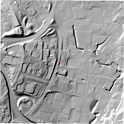 Shaded relief map of the ground around LS71AF, computed from Environment Agency LiDAR. The ground here sits at about 36 m above sea level and falls 36 m across the surrounding 800 m. Surface water reaching this point runs off ground lying to the south-west, 4.7 m higher.