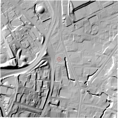 Shaded relief map of the ground around LS71AG, computed from Environment Agency LiDAR. The ground here sits at about 33 m above sea level and falls 34 m across the surrounding 800 m. Surface water reaching this point runs off ground lying to the south-south-west, 0.8 m higher.